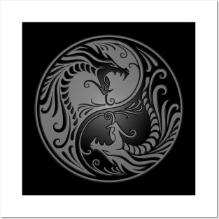 Gray and Black Yin Yang Dragons Posters and Art